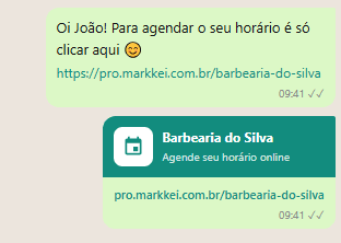 Link de agendamento sendo compartilhado no WhatsApp para cabeleireira