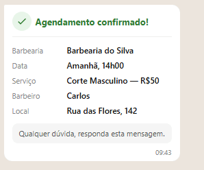 Confirmação automática do agendamento chegando no WhatsApp