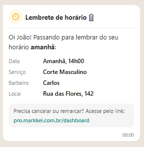 Lembrete automático 24h antes do horário de cabeleireira no WhatsApp
